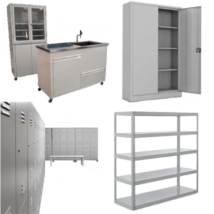 Gabinetes, estanterías, lockers y mobiliario médico metálico. 